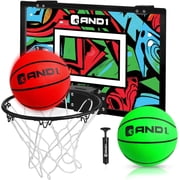 AND1 Over the Door Mini Basketball Hoop Set, 18"x12" Shatterproof Backboard, 2 Mini Balls & Hand Pump, No Tools Indoor Use