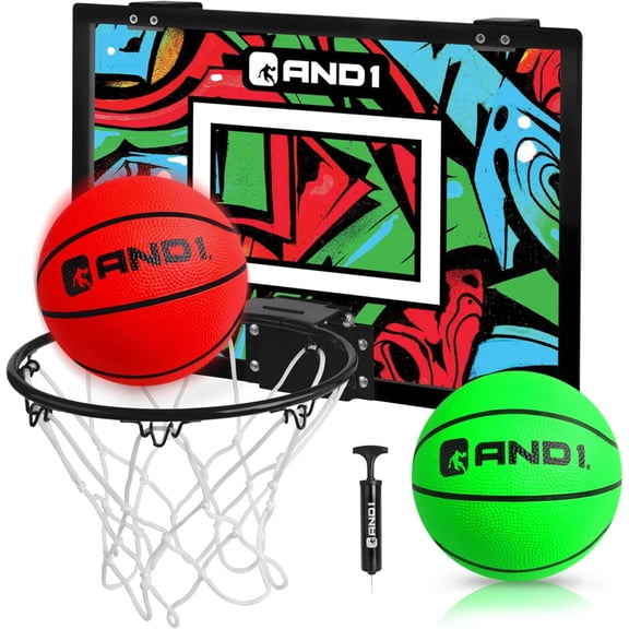 AND1 Over the Door Mini Basketball Hoop Set, 18"x12" Shatterproof Backboard, 2 Mini Balls & Hand Pump, No Tools Indoor Use