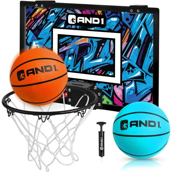 AND1 Over the Door Mini Basketball Hoop Set, 18"x12" Shatterproof Backboard, 2 Mini Balls & Hand Pump, No Tools Indoor Use