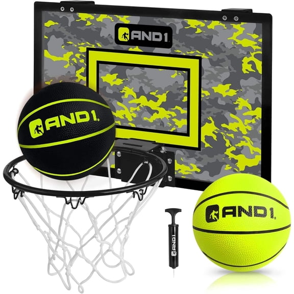 AND1 Over the Door Mini Basketball Hoop Set, 18"x12" Shatterproof Backboard, 2 Mini Balls & Hand Pump, No Tools Indoor Use