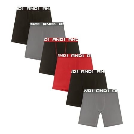 AND1 Men’s Underwear Breathe Performance Mid Length Boxer Briefs, 6 Pack
