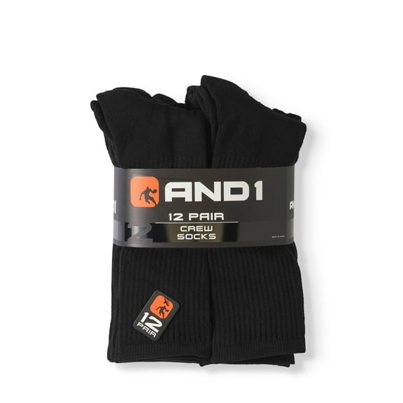 AND1® Men's Crew Socks 12 pack "ARCH COMPRESSION~Reinforced heel and Toe"  BLACK Color Shoe Size 6-12