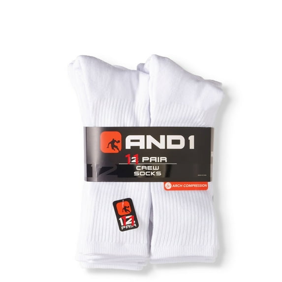 AND1® Men's Crew Socks 12 pack "ARCH COMPRESSION~Reinforced heel and Toe" White Color Shoe Size 6-12