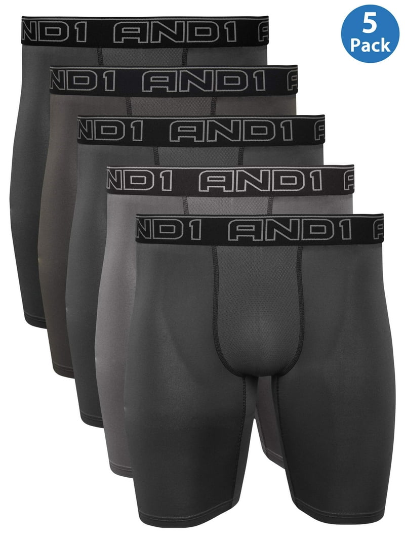 AND1 Men's Long Leg Performance Boxer Brief, 5 Pack