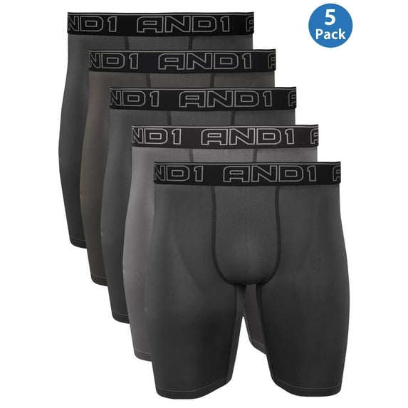 AND1 Men's Long Leg Performance Boxer Brief, 5 Pack