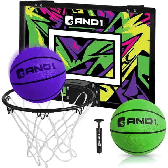 AND1 Over the Door Mini Basketball Hoop Set, 18"x12" Shatterproof Backboard, 2 Mini Balls & Hand Pump, No Tools Indoor Use