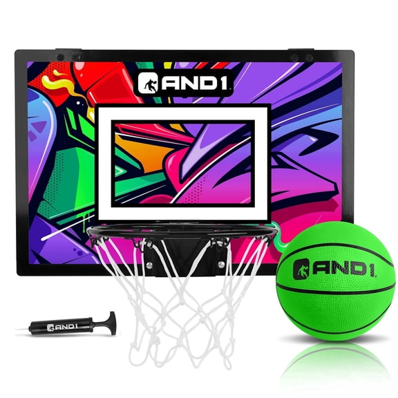 AND1 Over the Door Mini Basketball Hoop Set, 18"x12" Shatterproof Backboard, 1 Mini Basketball & Hand Pump, No Tools Indoor Use