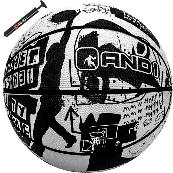 AND1 Street Art Youth Rubber Basketball - Size 5 (27.5") for Indoor/Outdoor Use, Deep Channel, Includes 10” Pump