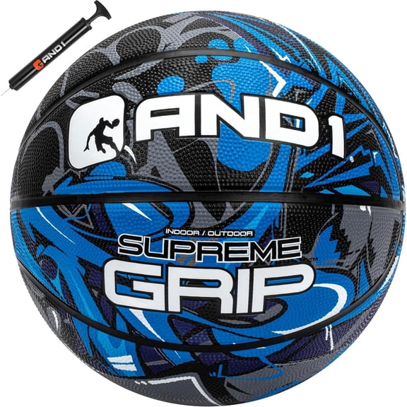 AND1 Supreme Grip Graffiti Rubber Basketball, Size 7 (29.5"), Indoor/Outdoor, Deep Channel Construction, Includes Hand Pump