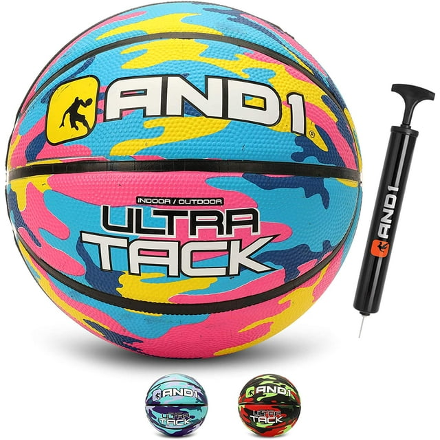 AND1 Ultra Grip Advanced Premium Rubber Basketball & Pump, Pink & Yellow, 29.5"
