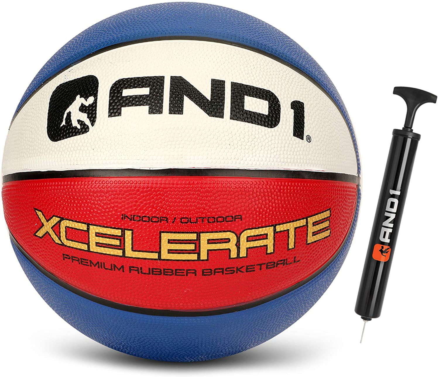 AND1 Xcelerate Rubber Basketball & Pump, Red White & Blue, 29.5