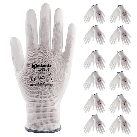 ANDANDA 12 Pairs Safety Work Gloves, Seamless Knit Work Gloves with PU Coated, Ideal Work Gloves Men for General Duty Work, White, Size S