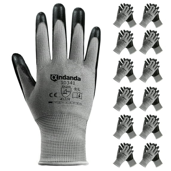 ANDANDA 12 Pairs Work Gloves, Smart Touch, 3D Comfort Stretch Fit, Nitrile Coated Work Gloves with Grip, Seamless Knit Nylon Work Gloves Men Black(XL)