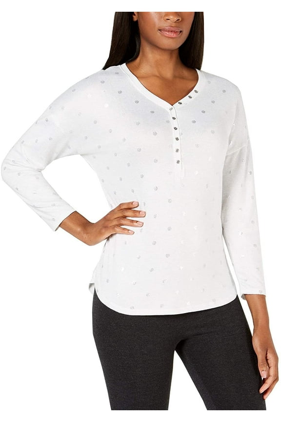 Women's Foil-Printed Long Sleeve Henley Pajama Top, White