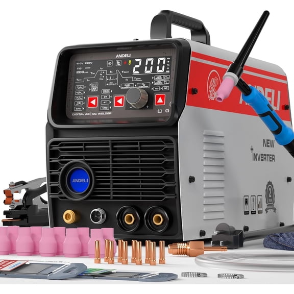 ANDELI 8 in 1 AC/DC Cold Aluminum TIG Welder 200Amp with PULSE110V/220V Dual Voltage AC TIG/DC TIG/Pulse TIG/LIFT TIG/Cold/SPOT/Stick Multiprocess TIG Welding MachineLarge LED Display IGBT Inverter