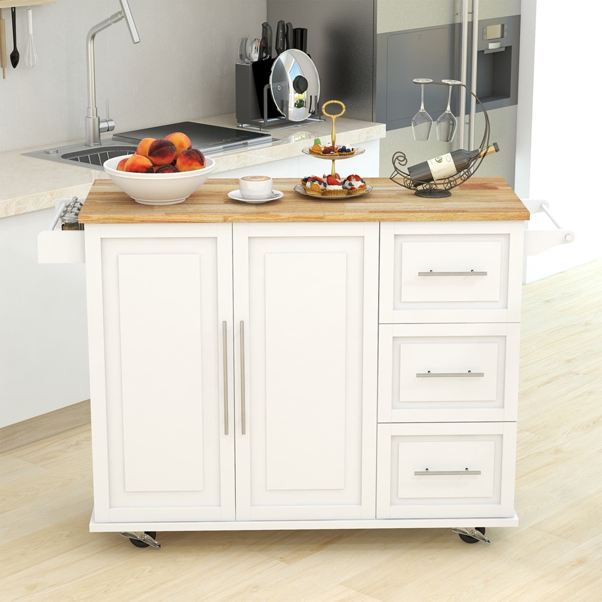 IN Modern 3drawer Drop Leaf Rolling Kitchen Island Cart N