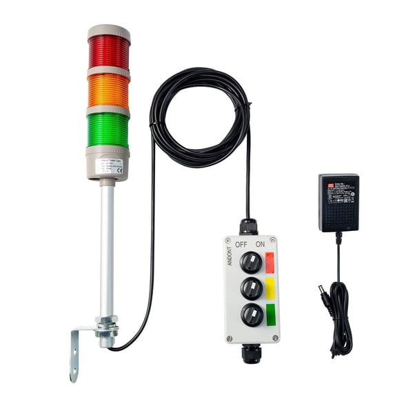 ANDONT 3-Stack LED Andon Tower Signal Light, Red/Yellow/Green, On/Off, 32 ft Extension Cord, IP65 Rated, Plug-and-Play