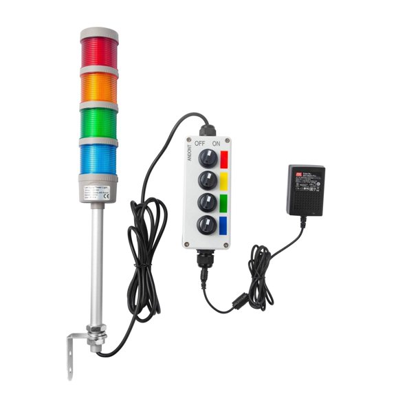 ANDONT 4-Stack LED Andon Tower Signal Light, Red/Yellow/Green/Blue, On/Off, ABB Selector Switch, Mean Well Industrial Power Adapter 6ft & 32ft Extension Cord, IP65 Rated, Plug-and-Play