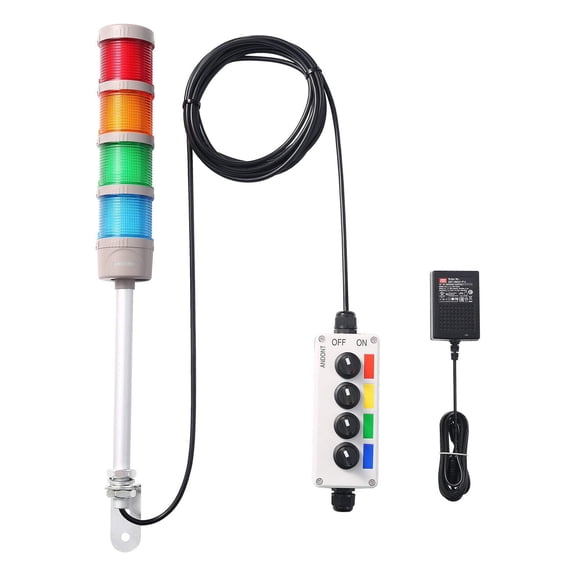 ANDONT 4-Stack LED Andon Tower Signal Light, Red/Yellow/Green/Blue, On/Off, 32 ft Extension Cord, IP65 Rated, Plug-and-Play