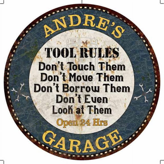ANDRE'S Garage Rules 14" Round Metal Sign Garage Wall Decor 100140015122