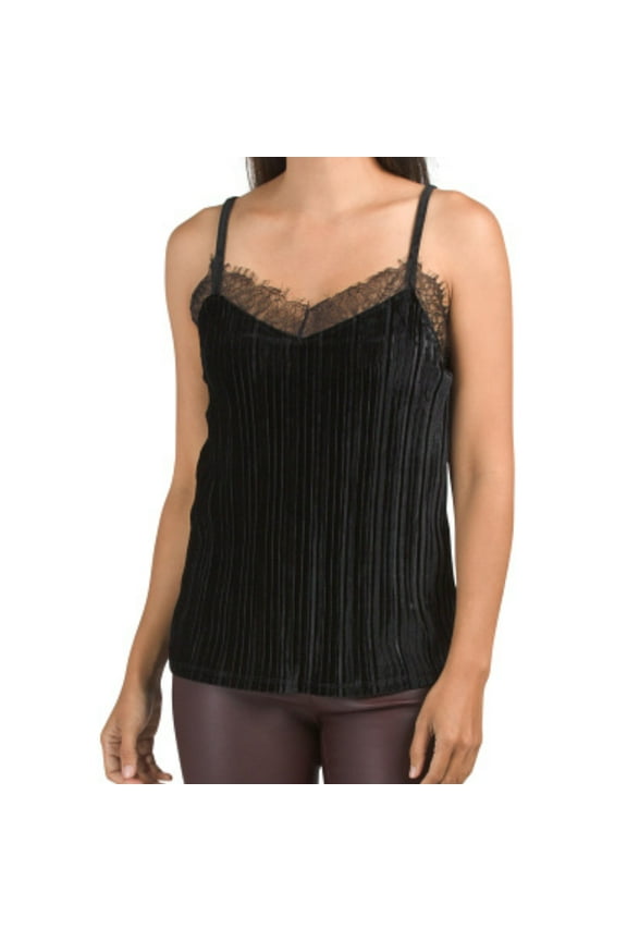 Women's Textured Velvet Lace Trim Camisole Top-Black / S
