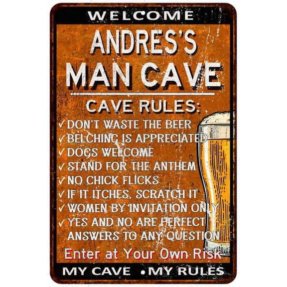 ANDRES'S Man Cave Rules Rusty Sign Garage Decor 8 x 12 High Gloss Metal 208120051242