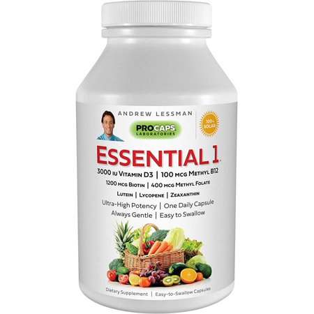 ANDREW LESSMAN Essential-1 Multivitamin 3000 IU Vitamin D3 60 Small Capsules 100 mcg Methyl B12. Lutein Lycopene Zeaxanthin. 24+ Nutrients. High Potency. No Additives. Ultra-Mild Only One Cap Daily 60 Count (Pack of 1) Vitamin D3 3000 Iu