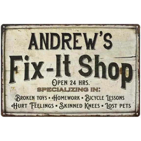 ANDREW'S Fix-It Shop Sign Grandpa Dad Wall Décor 8 x 12 Matte Finish Metal 108120006038
