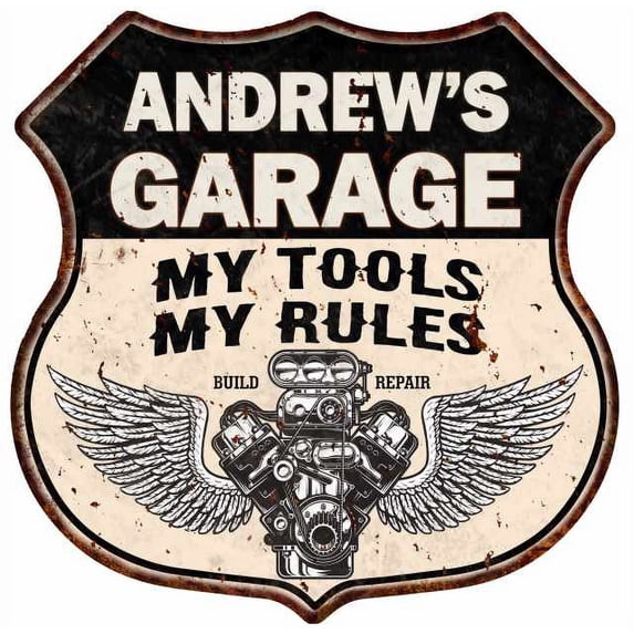 ANDREW'S Garage My Tools My Rules V8 Wings 12x12 Metal Sign 211110026038