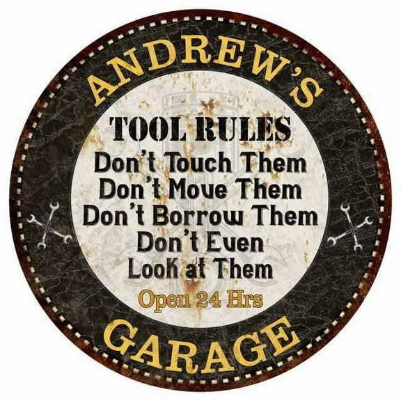 ANDREW'S Garage Rules 14" Round Metal Sign Garage Bar Wall Decor 100140013243