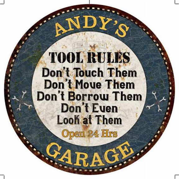 ANDY'S Garage Rules 14" Round Metal Sign Garage Bar Wall Decor 100140015037