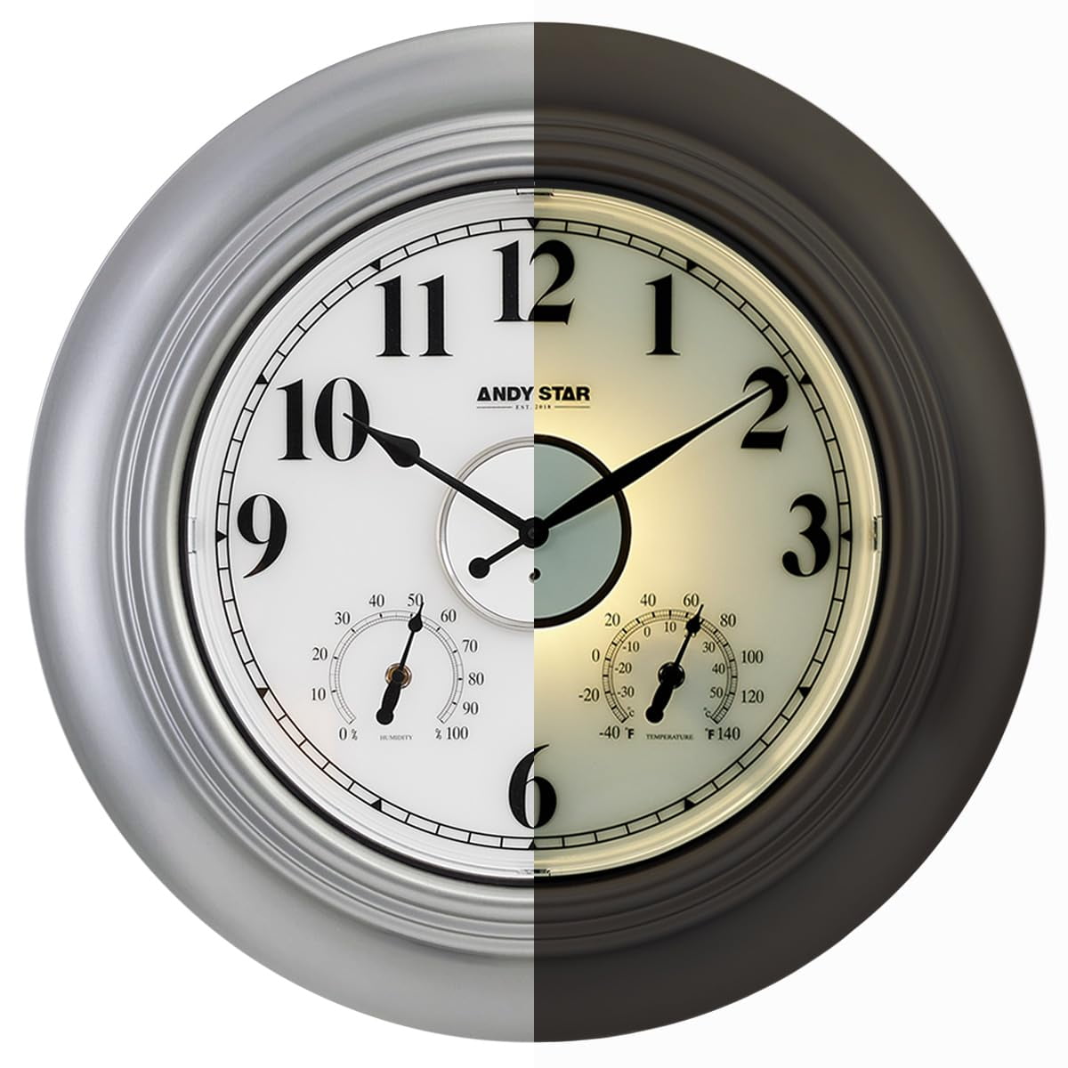 ANDY STAR 21 Inch Silver Illuminated Outdoor Wall Clock Waterproof with ...