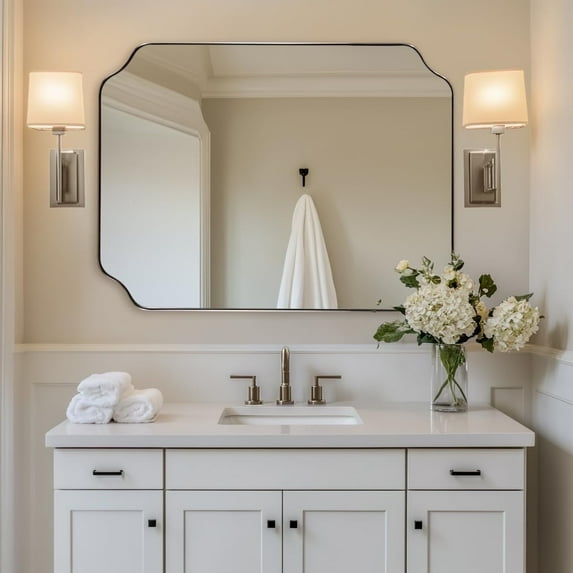ANDY STAR 30x40 Inch Brushed Nickel Mirror, Large Rectangle Mirror for Bathroom, Scalloped Mirror in Anti-Rust Stainless Steel Metal Thin Frame Deep 1’’, Wall-Mounted Mirror (Horizontal/Vertical)