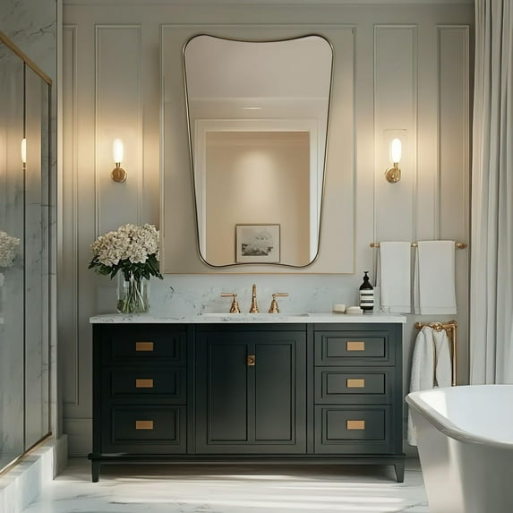 ANDY STAR 30x48 Inch Brushed Gold Bathroom Mirror, Large Asymmetrical Wall Mirror, Antique Brass Mirror in Anti-Rust Stainless Steel Metal, Irregular Mirror with Unique Design, Vertically Only