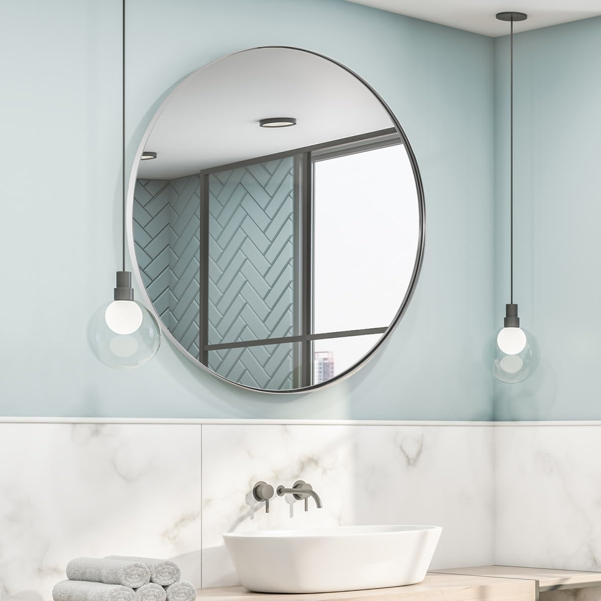 ANDY STAR 36" Modern Chrome Round Mirror, Silver Bathroom Vanity Mirror ...