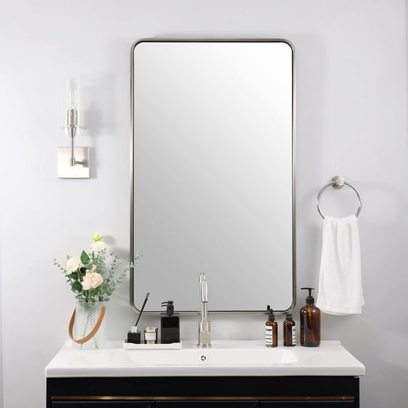 ANDY STAR Bathom Mirror 24X40 Inch, Brushed Nickel for Vanity, Rounded Rectangle, Oblong, SUS304-Anti-Rust, Wall-Mounted Horizontal or Vertical
