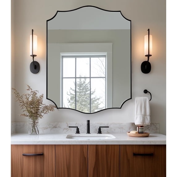 ANDY STAR Bathroom Mirror, 28"x36" Inch Matte Black Vanity Mirror, Unique Rectangle Mirror with Sophisticated Curved Design, Ideal for Bathroom, Living Room, Powder Room