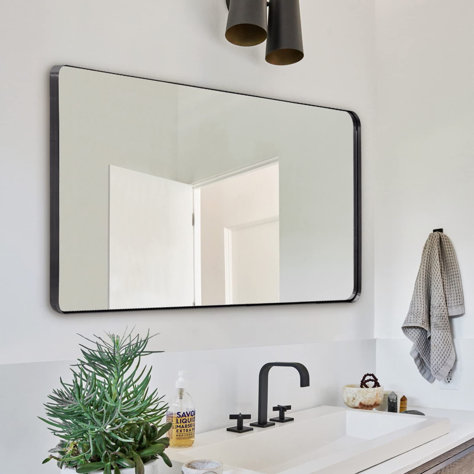 ANDY STAR Black Bathroom Mirror, 24”x40” Rounded Corner Rectangle