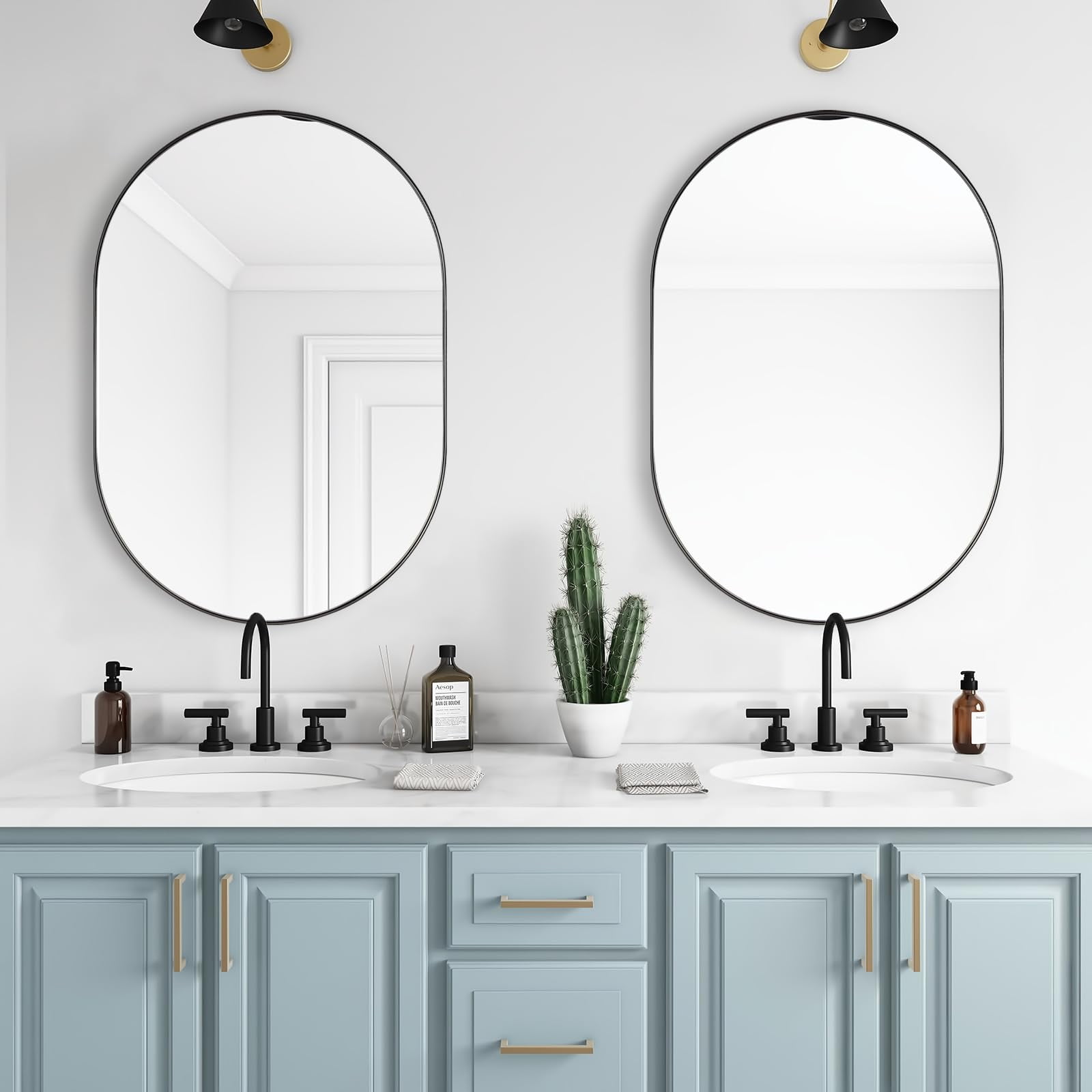 ANDY STAR Modern Matte Black Oval Mirror, 20x33 Horizontal Wall Bathroom Mirror in Stainless ...