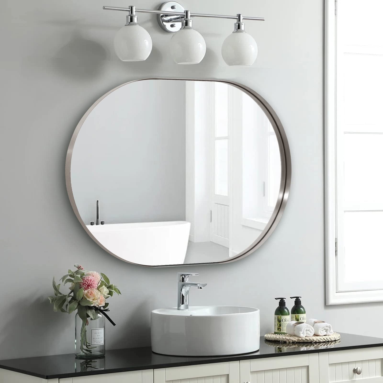 ANDY STAR Large Vanity Mirror, 30x40 Oval Nickel Bathroom Mirror, Brushed  Nickel Premium Stainless Steel, Wall Mounted - Walmart.com, image size:1600x1600