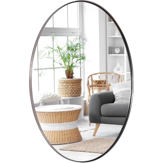 ANDY STAR Brushed Nickel Mirror, Oval Bathroom Mirror 22x30’’, Brushed Nickel Oval Wall Mirror for Btahroom Silver Vanity Mirror in Stainless Steel Frame Wall Mount Horizontal or Vertical