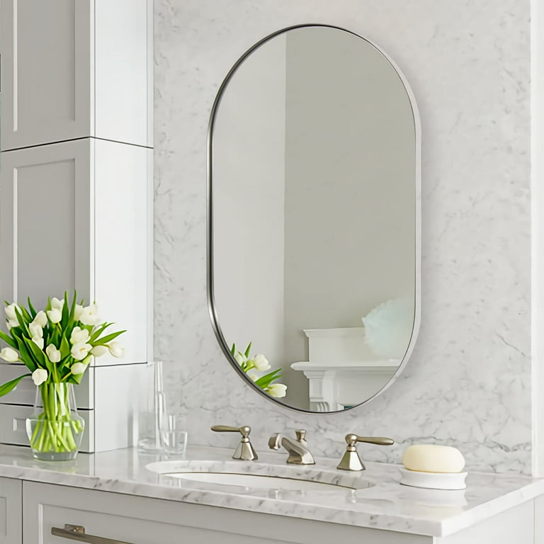 Brushed nickel bathroom mirror discount