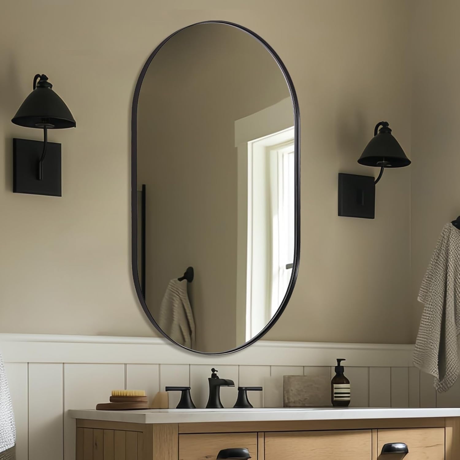ANDY STAR 24x40 Oval Black Vanity Mirror, Matte Framed Bathroom ...