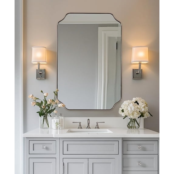 ANDY STAR Scalloped Bathroom Mirror, 24"x36" Inch Brushed Nickel Rectangle Mirror, Silver Bathroom Vanity Mirror, Silver Framed Mirror in Anti-Rust Stainless Steel Metal, Thin Frame Deep 1"