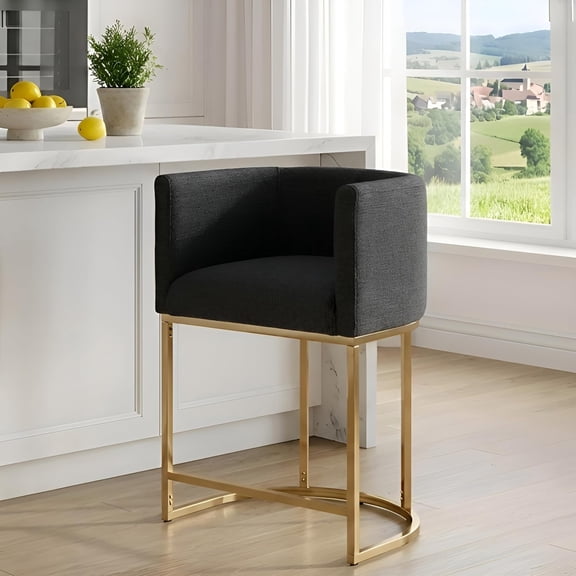 ANDYYOUTING 24'' Counter Height Bar Stool, Charcoal Linen Upholstered Fabric, Modern Golden Metal Base Kitchen Island Stool, Comfortable