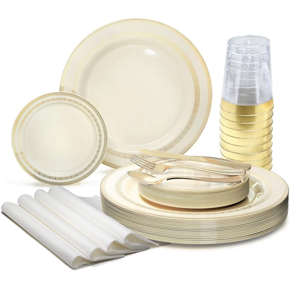 ANDYYOUTING 280pc Disposable Dinnerware Set for 40 Guests - Heavyweight Lace Ivory & Gold Rim Plastic Plates, Gold Silverware, Cups & Napkins - Wedding & Party
