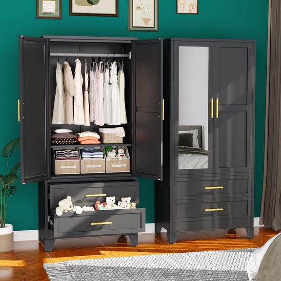 ANDYYOUTING 71" Metal Wardrobe Closet w/Mirror, 2 Drawers, Hanging Rod & Adjustable Shelves - Black Steel Storage Cabinet