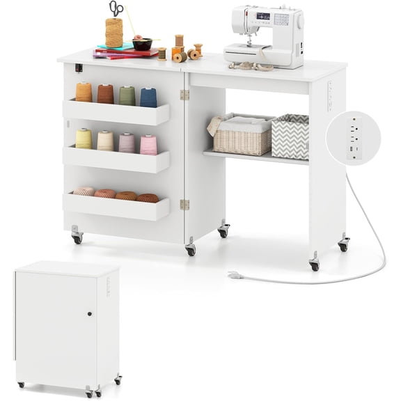 ANDYYOUTING Folding Sewing Table with Charging Station, Rolling Craft Table with Storage Trays & Shelf, Foldable Sewing Machine Cabinet Desk with Lockable Wheels for Small Spaces (White)