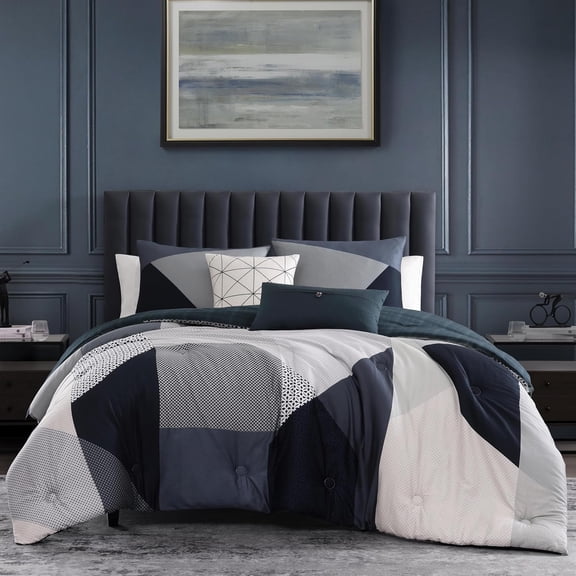 ANDYYOUTING Geo Fusion 5 Piece Comforter Set, 100% Cotton Sateen, 220TC, Reversible Patchwork Bedding, King/Cal King, Blue/Gray