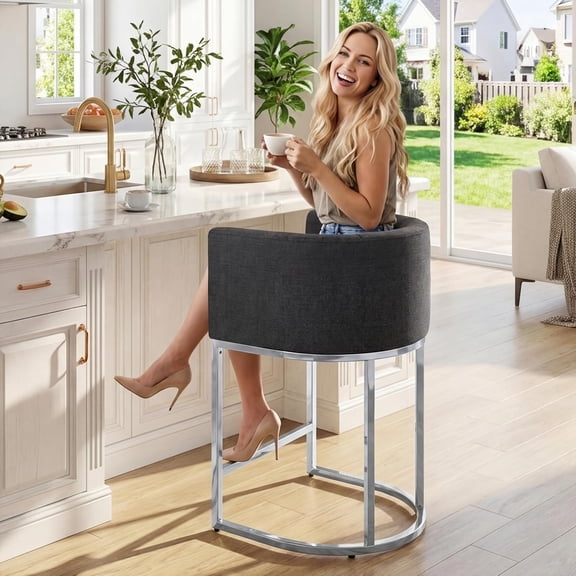 ANDYYOUTING Modern 24" Counter Height Stool, Charcoal Linen Upholstered Kitchen Island Stool with Chrome Metal Frame, Curved Back
